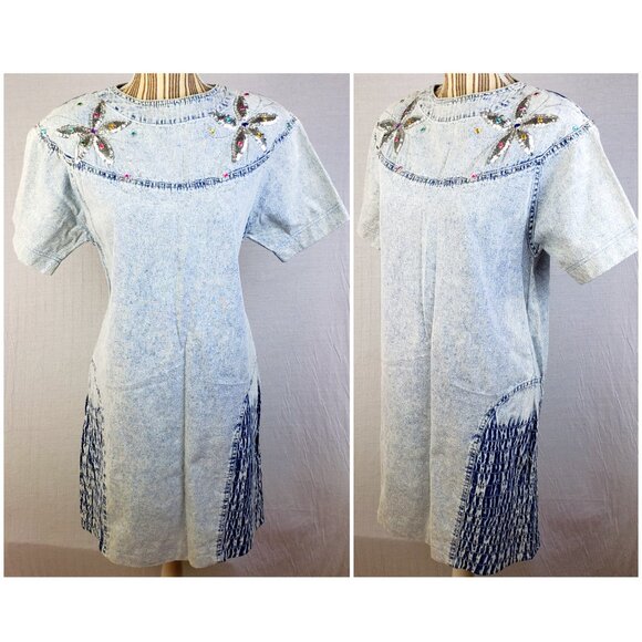 Vintage 80s 90s Andiamo Italia Boxy Dress Acid Wash Sequined Beaded size M Denim - Picture 2 of 12